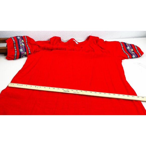 Pioneer Woman 3XL Red Rayon/Poly 40"L Dress Embroidered Puff Sleeve V-Neck EUC - Picture 8 of 10